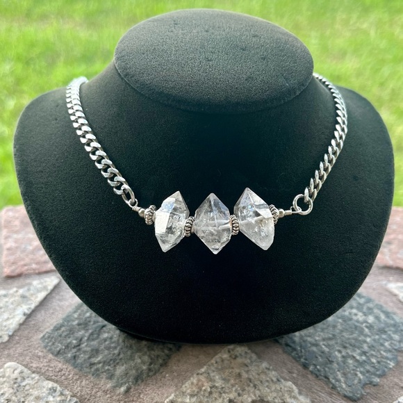 3 big Genuine herkimer diamonds crystals stainless steel boho choker necklace - Picture 3 of 15